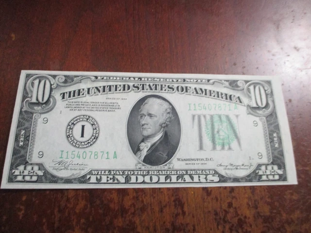1934  $10 Dollar  Minneapolis Federal Reserve Note Lime Green Seal Crisp