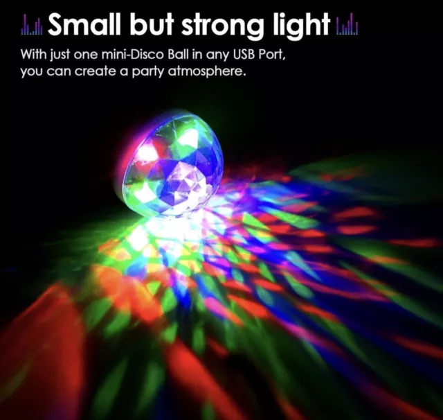 2PCs USB Mini Disco Ball Car Party Atmospher Light Bar Colorful Sound Activated 3