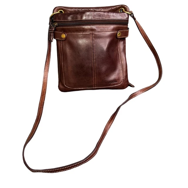 Vintage Fossil 1954 Brown Leather Crossbody Bag Purse Organizer Travel