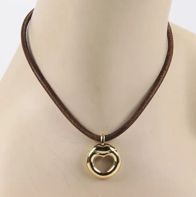 Movado 18k Yellow Gold Heart Pendant Leather Cord Necklace