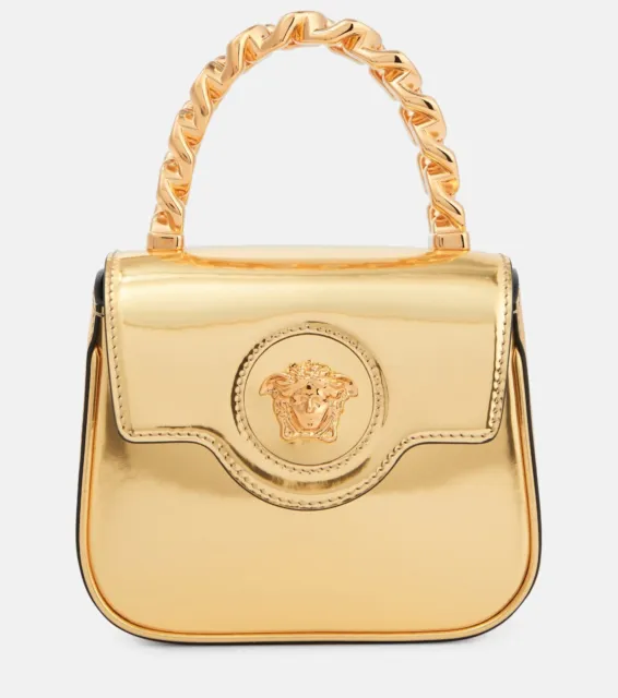 Versace La Medusa Mini Gold Patent Leather Top Handle Bag New SS24