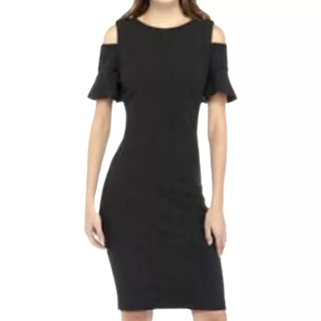 Calvin Klein Cold Shoulder Flute Sleeve Round Neck Onyx Black Knit Dress Sz 4