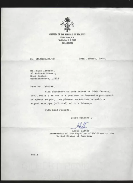 SIGNED 1970 letter by Maldives Ambassador Abdul Sattar Moosa Didi * Indian Ocean