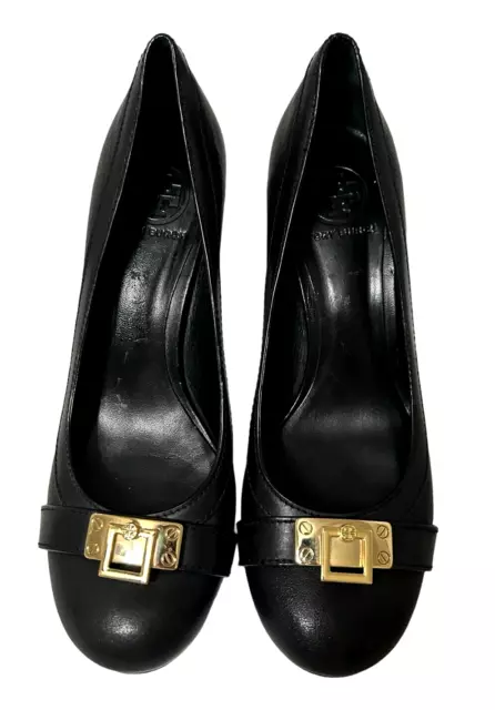 TORY BURCH BLACK Leather Pump Block Heels Lock Logo Slip On Shoes 9M ...