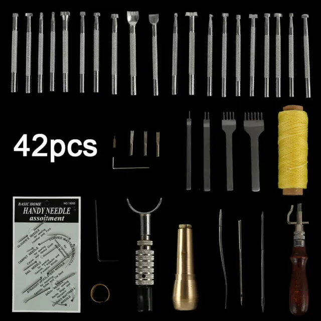 42 piezas Juego de herramientas artesanales de cuero para coser trabajo Kit de punzón Línea de cera Hecho a mano