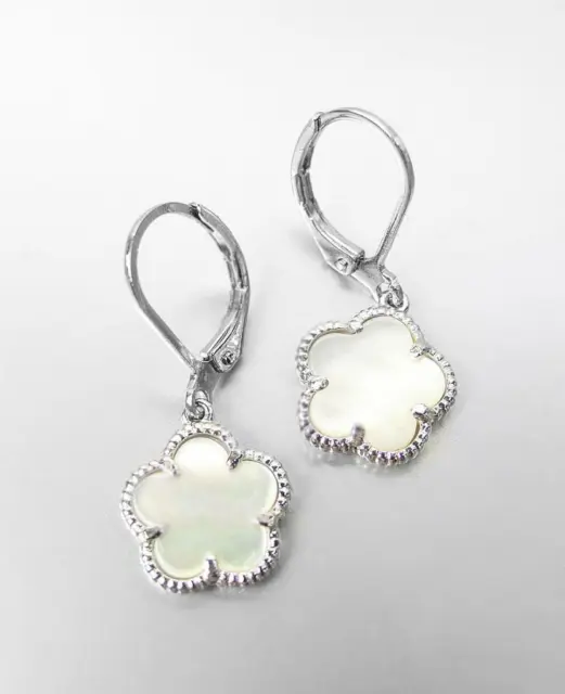 NEW 18kt White Gold Plated Mother Pearl Shell Flower Lever Back Dainty Earrings