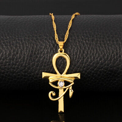 Mens Gold Egyptian Eye of Horus Ankh Cross Pendant Protection Necklace Chain 20"