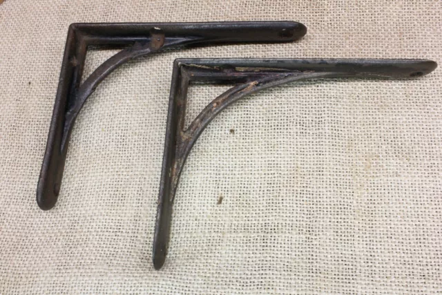 2 Old Shelf Brackets Supports 4 X 5” Industrial Rustic Cast Iron Vintage 1880’s