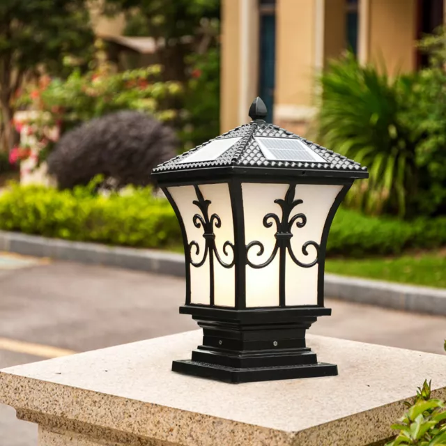 Solar Powered LED Pillar Lamp Post Light Waterproof Fence Garden Lantern Black