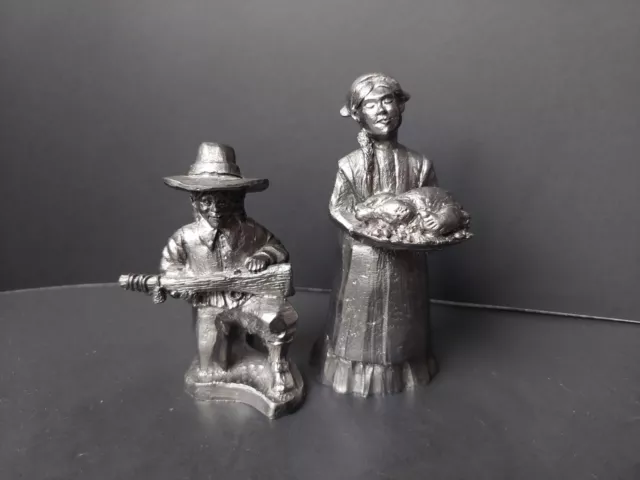 Michael Ricker Pewter Figurine Set Pilgrim Thanksgiving Woman Turkey Boy Hunting