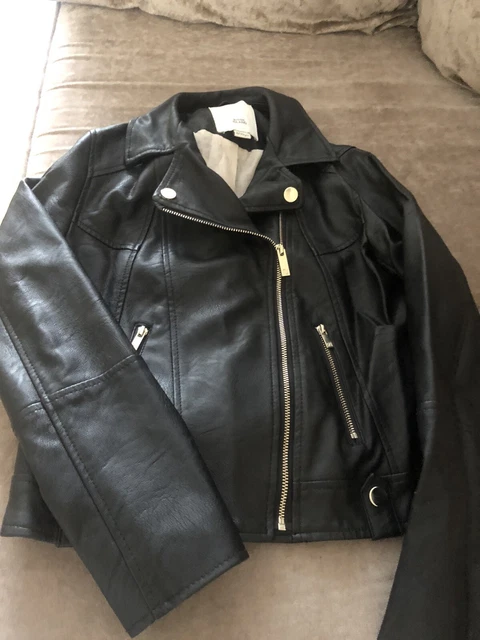 Girls River Island  black faux leather biker jacket age 9/10