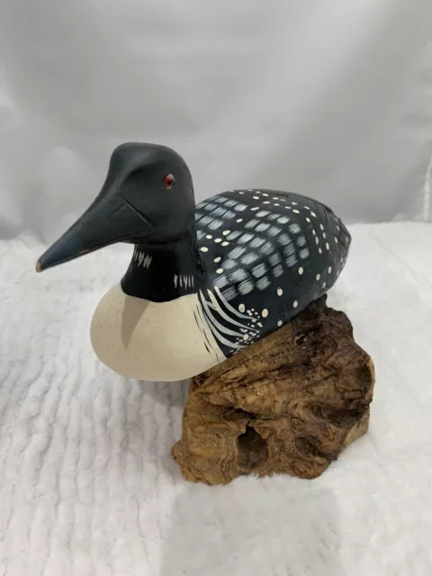 Vintage Beautiful Black Hand Carved Wooden Decoy Duck Loon