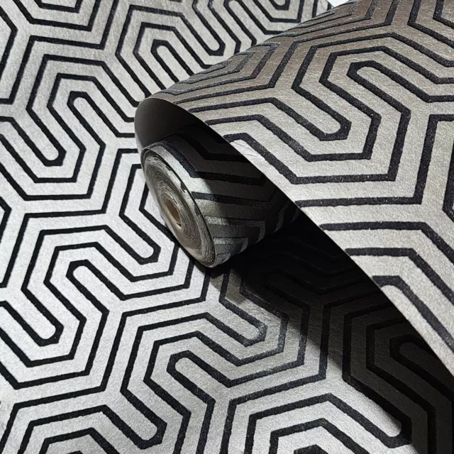 Navy blue foil silver metallic flocking Geo velvet Labyrinth flocked wallpaper