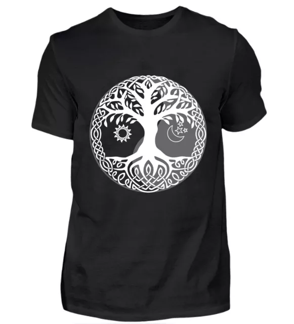 T-Shirt Lebensbaum Yggdrasil mit Sonne Mond und Sterne schwarz