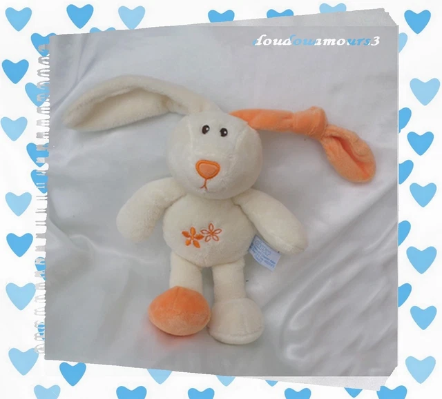 Doudou Peluche Lapin Blanc Orange Fleurs Hochet Gipsy