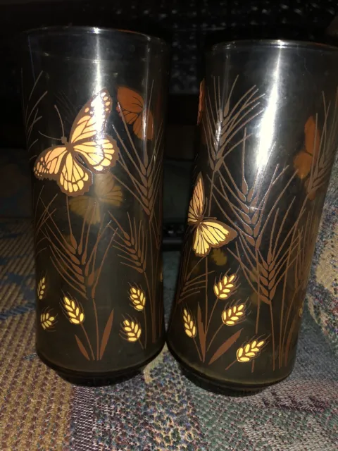 Vintage Libbey Monarch Butterfly Wheat Pattern Set Of  2 Amber Brown 5.25'' Tall