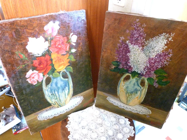PAIRE DE TABLEAUX HST "FLEURS dans un VASE" années 50 EUR 124,90