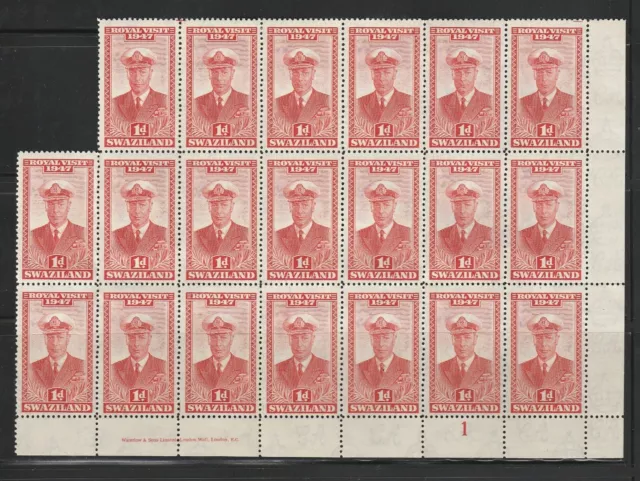 Swaziland 1947 Sg42-45 Royal Visit Set In Corner Plate Blocks Of 20   -  Mnh