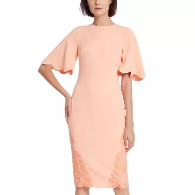 Badgley Mischka coral peach lace sheath flutter sleeve cocktail dress size 8