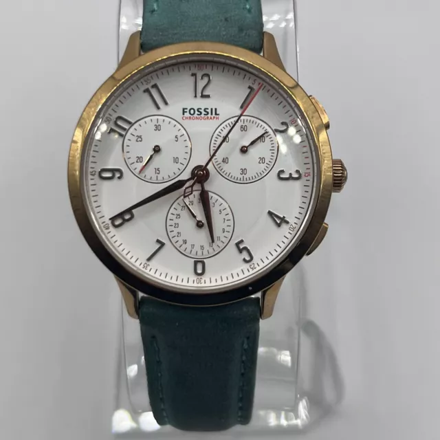 Fossil Abilene Chronograph Teal Leather Strap Watch CH3089- New Battery!