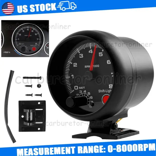 3.75" 12V Car Tachometer Gauge Meter 0-8000 RPM With LED Shift Light Universal