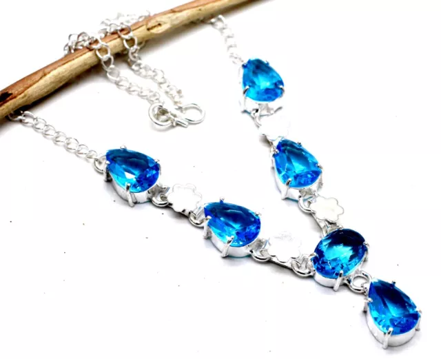 925 Sterling Silver Swiss Blue Topaz Gemstone Jewelry Necklace Size-17-18"