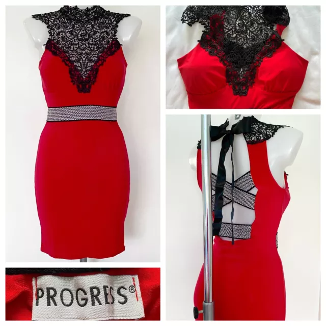 PROGRESS Red Sexy Bodycon Dress With Black Lace & Criss-Cross Back Detail (S)