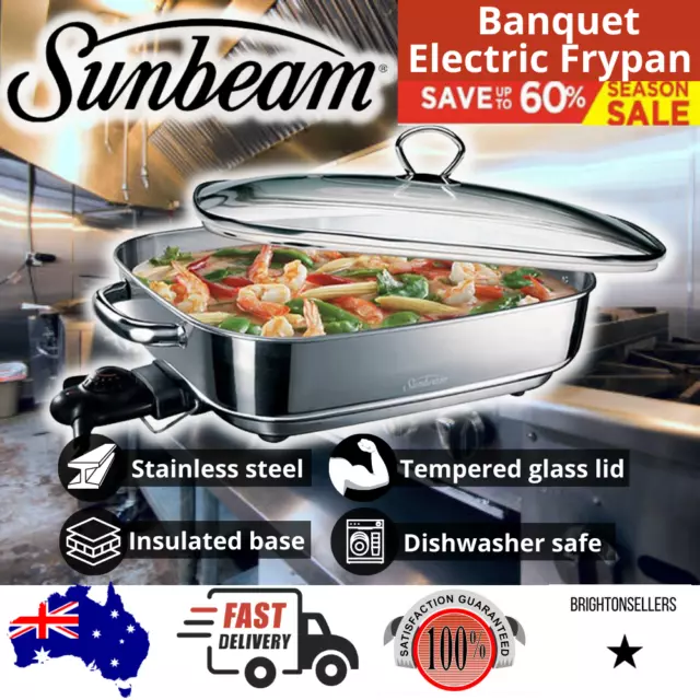 Sunbeam Banquet Frypan Stainless Steel Electric Fry Pan Glass Lid Skillet Cooker