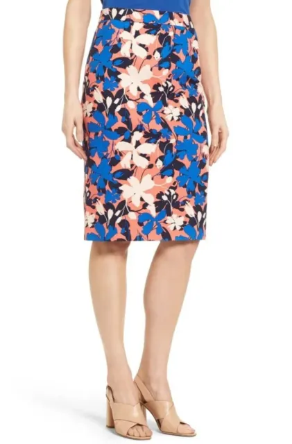 Halogen Straight Skirt Blue Floral Size 2  Cotton Blend Knee Length