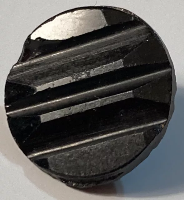 Antique Jet Black Glass Button Geometric Stripe Relief Metal Shank 1/2"