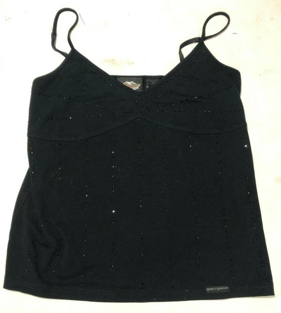 Harley Davidson Women's Black String Top Shirt Sz Large Bedazzled Shield Logo