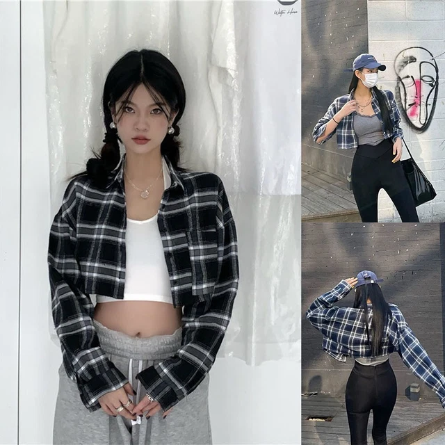 Donna Ritagliata Top Moda Plaid Manica Lunga Camicie Vintage Slim Fit Giacca