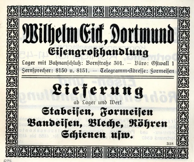 Wilhelm Eick Dortmund EISENGROSSHANDLUNG Historische Reklame 1925