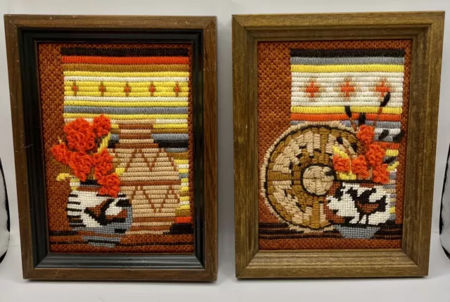 2 Vtg Southwest Native American Basket Pottery Weaving Needlepoint Framed Art