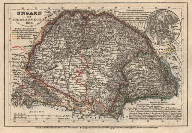 Ungarn und Siebenbürgen Original Stahlstich Landkarte Renner 1835