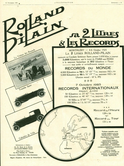 1925 Rolland Pilain Les Records Antique Automobile Magazine Ad