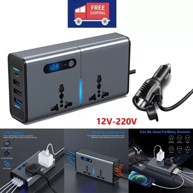 200W Car Power Inverter Ports Adapter (12V to 220V with 3 USB + Type-C + 2 AC)