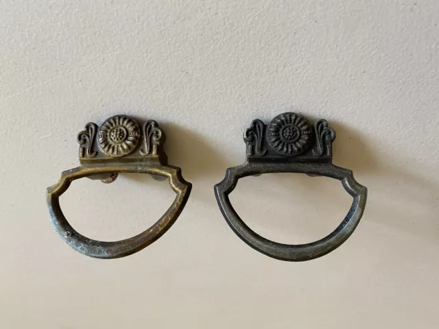 Lot of 2 Vintage Furniture Hardware Ring Drawer Pulls Antique Brass Finish