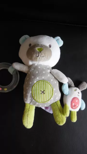 doudou peluche ours blanc gris vert à pois + lapin POMMETTE (2 dispo)