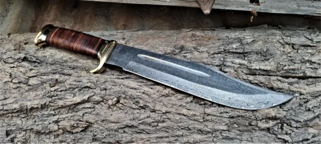 Handmade Damascus steel Hand forged strong leather handle bowie hunting knife