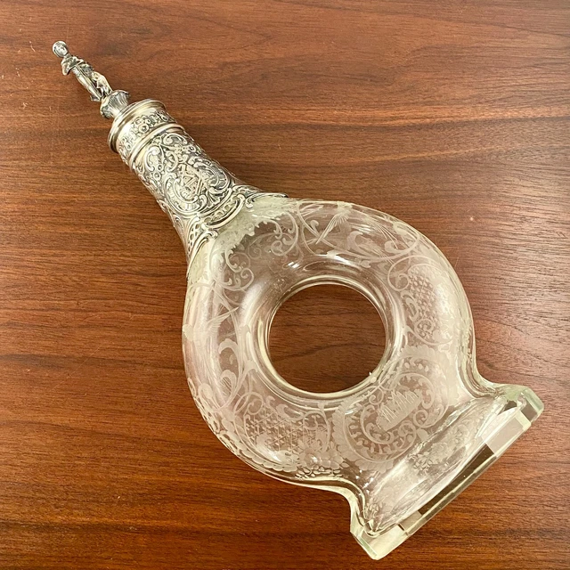 Large German .800 Silver & Glass Donut Decanter Birds, Pastoral, Sailor Anchor