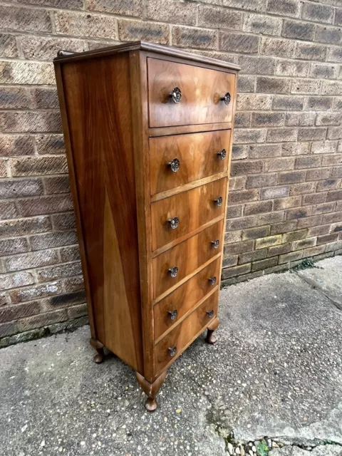 Tall Boy Flame Mahogany Veneer Drawers Vintage Retro Mid-century Teak