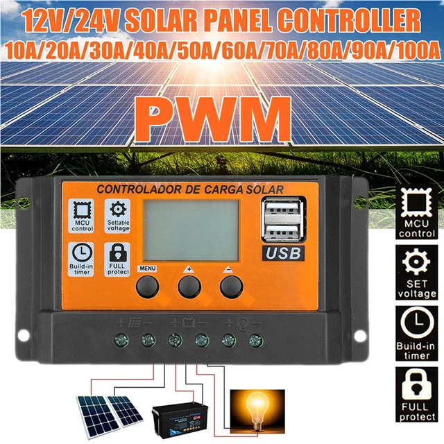Régulateur Solaire PWM 10A - 12V/24V - Avec USB Et LCD - Pour Batteries Plomb