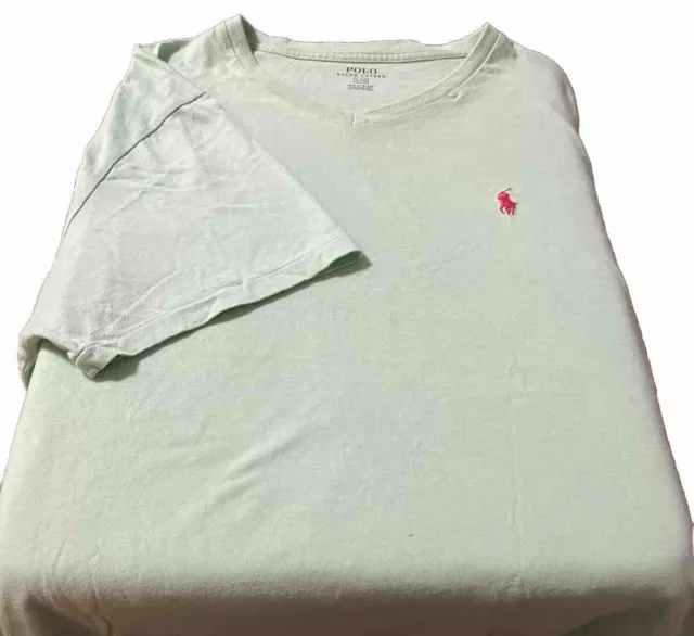 Men's Polo Ralph Lauren Pastel Green Red Pony V Neck Short Sleeve Shirt Sz L