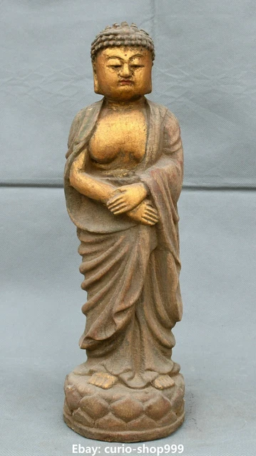 11.8"Antique Old Wood Painting Lotus Shakyamuni Sakyamuni Amitabha Buddha Statue