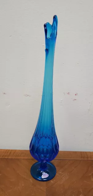 MCM 17.5”Fenton Swung Vase  Blue Handblown Thumbprint Pedestal