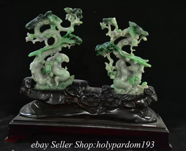 11.4" Chinese Natural Emerald Jadeite Jade Carved Tree Bird Buddha Statue Pair