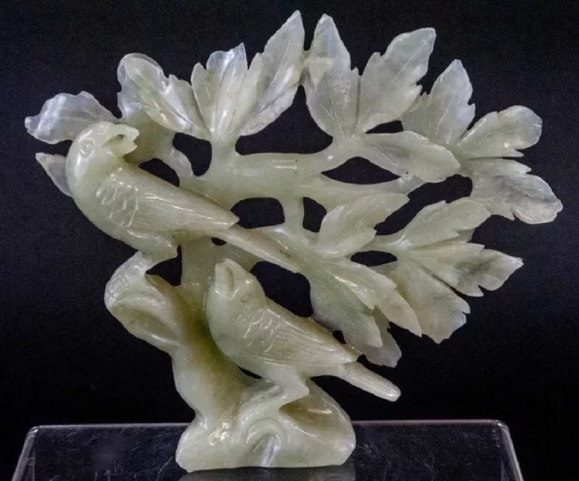 Antique Chinese Hand Carved Tree With Birds Chinese Celadon Jade Statue 6,5"