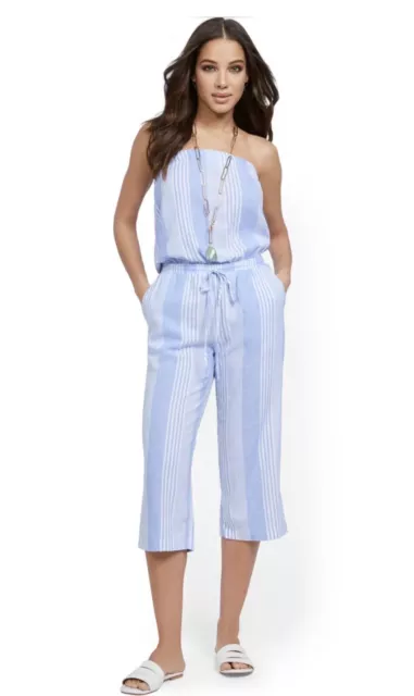 New York & Company  Stripe Blue Linen Jumpsuit Casual Women’s Medium