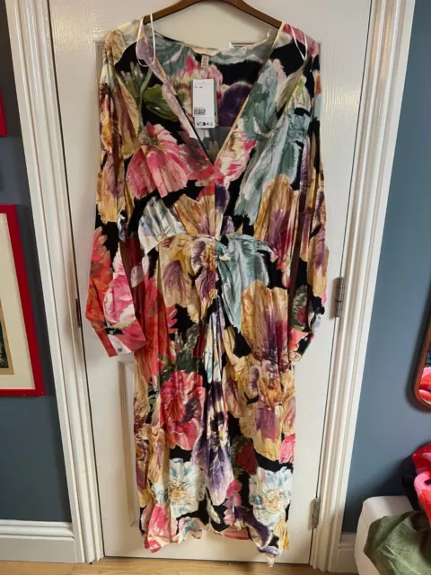 H M FLORAL MIDI Dress V Neck Long Sleeve Trend Collection XXL